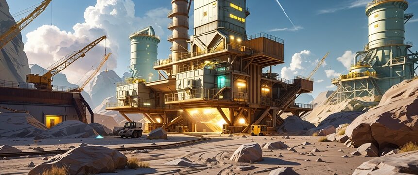 asteroid mining facility with glowing machinery 3d render scene video game concept background illustration digital artwork
