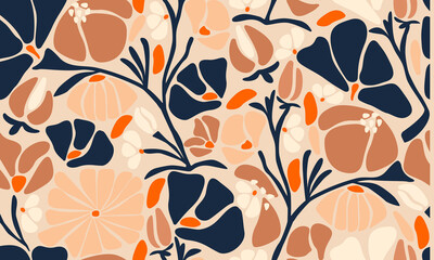 Abstract Hand Drawn Flowers Seamless Pattern. Boho Floral Template for Fabric, Textiles, Wall Art, Clothing, Wrapping Paper, Print, Banner, Home Decor. Trendy Botanical Vector Illustration.