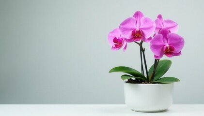 Delicate pink orchid blooms in pristine white pot, subtle, photography, texture