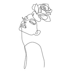 Continuous Line Drawing of Female Head with Flowers. Beauty Vector Concept for Minimalist Design. Floral Woman Portrait Creative Line Art Drawing. 