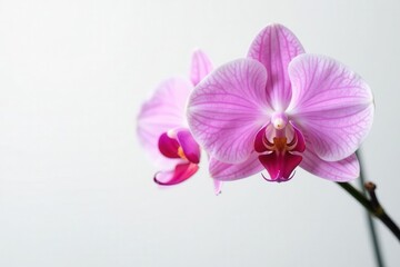 Naklejka premium Delicate pink orchid blossoms, petals unfurled against pure white , beautiful, texture, photography