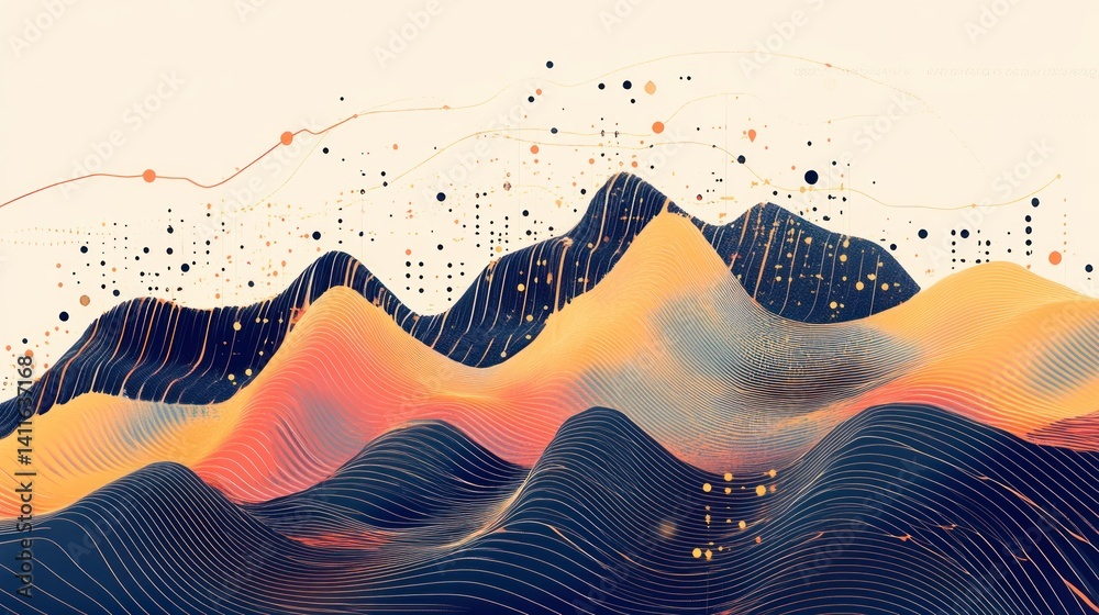 Leinwandbilder abstract data visualization of undulating mountains, with layered lines, dots, and gradients