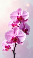 Fototapeta premium Delicate pink orchid branch, watercolor wash background, pretty, stem, elegant