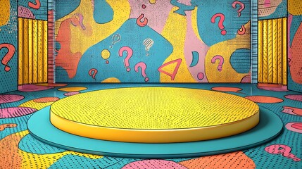 Yellow Podium Stage with Teal Base Under a Brightly Colored Abstract Wall Full of Question Marks Displaying a Decorative Setting