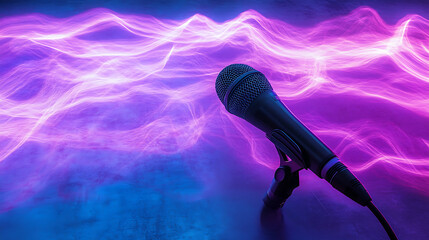 Black Microphone with Sparkling Head Against Purple Wavy Neon Background