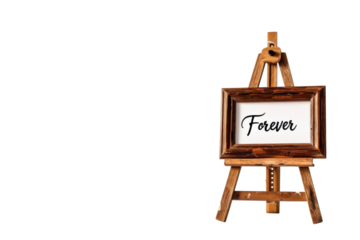 A wooden easel displays a beautifully framed quote 'Forever' against a pristine white background, capturing the essence of timeless love isolated on transparent background