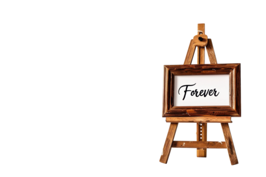 A wooden easel displays a beautifully framed quote 'Forever' against a pristine white background, capturing the essence of timeless love isolated on transparent background