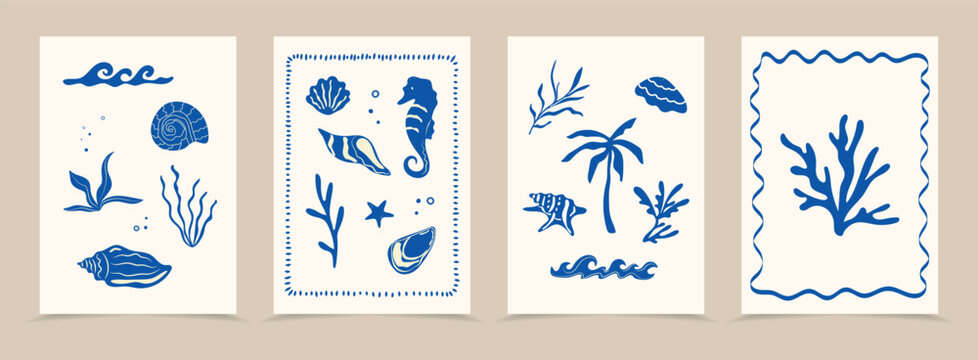 Boho summer posters. Flat summer beach background. Hand drawn palm tree, seashells, sun sea, wave, corals, marine icon. Tropical retro groovy surf club. Minimalist isolated vector illustration.