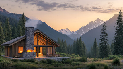 Fototapeta premium Wooden Cabin Nestled In Lush Green Forest With Mountain Range Illuminated By Sunset Sky