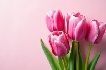 Fototapeta premium Delicate pink tulips on soft pink and white backdrop, nature, romantic, vibrant
