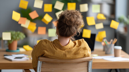 Overwhelmed by Ideas: A thoughtful individual, caught amidst a whirlwind of colorful sticky notes, contemplates the complexities of a busy workspace and the multitude of ideas swirling in their mind.