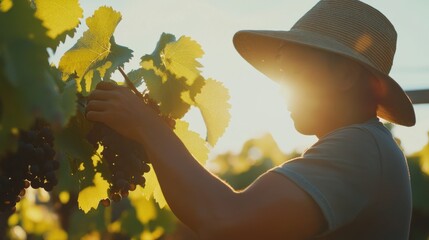 A vineyard worker carefully inspecting ripe grapes before harvest. Featuring craftsmanship and agricultural care