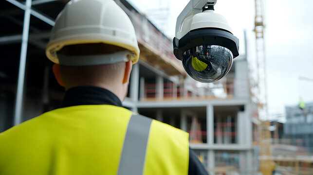 Security guard monitoring construction site through a camera. Featuring security and surveillance