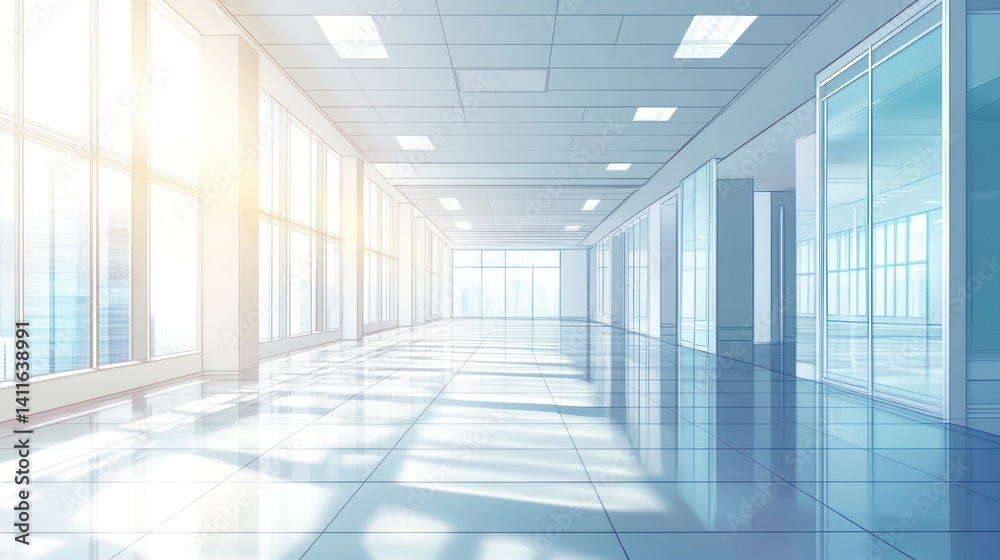 Aufkleber empty modern office hallway with large windows