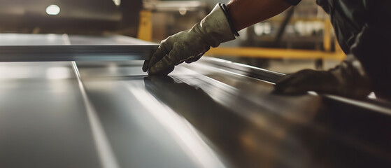 Sheet metal worker shaping aluminum panels in a fabrication shop. Featuring precision and engineering