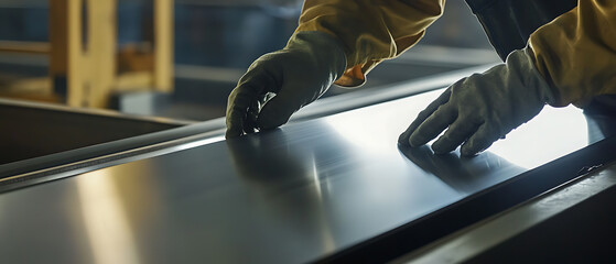 Sheet metal worker shaping aluminum panels in a fabrication shop. Featuring precision and engineering