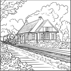 Obraz premium Craftsman style Train station coloring book design, Craftsman style Train station vector graphic