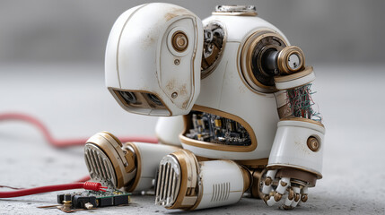 Broken Robot: A charming yet distressed robot sits dejectedly amidst its scattered components, expressing vulnerability and the challenges of technological evolution.