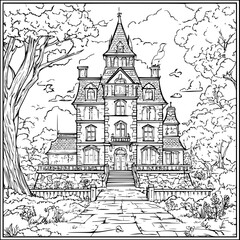 Obraz premium Gothic style Courthouse coloring book design, Gothic style Courthouse vector graphic