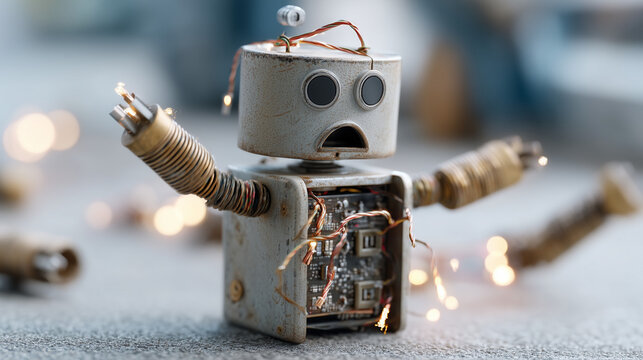 Malfunctioning Robot: A vintage robot sparks and malfunctions, revealing its internal mechanisms and circuit boards in a moment of unexpected breakdown. 