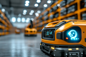 Warehouse robot organizing inventory bins industrial warehouse digital photography indoor close-up automation and efficiency concept