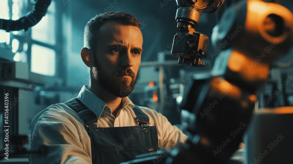 Aufkleber focused worker observing robotic arm in a modern factory