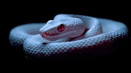 Fototapeta premium A coiled snake exhibiting an iridescent body with bright crimson eyes