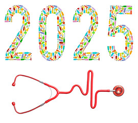 Red Stethoscope in the shape of a Heart Beat on a EKG with 2025 shaped from real colorful glass bottles on white background