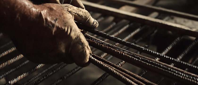 Steel fixer tying rebar reinforcements for a concrete foundation. Featuring precision and stability