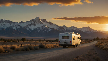 Obraz premium Scenic road trip at sunset featuring a traveling RV surrounded by rugged desert landscapes with towering mountains capped in snow
