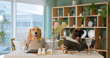 Date, menu and portrait of dogs in restaurant for dinner service, romance and animal loyalty. Fine dining, celebration and relationship with couple for pet friendly cafeteria, comic and bonding