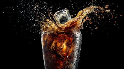 a high speed shot of an ice cube falling into a glass of soda