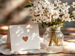 Close-up of a wedding card with minimalist typography and a small heart icon, placed next to a glass vase with white flowers, card open with space for writing