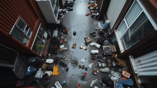 Amongst scattered shoes and abandoned items, an alleyway reveals the forgotten stories of urban life. This hidden space reflects a blend of chaos and creativity in a bustling city.
