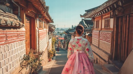 Back view of korean asian woman in traditional korean dress or hanbok dress walking in old palace in night with full moon, Seoul city, South Korea,copy space.