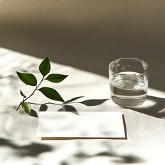 Close-up of a minimalist homewarming invitation card with modern typography, placed next to a small plant and a glass of water, card open with blank space for writing
