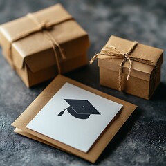 Close-up of a graduation card with a subtle graduation cap icon, lying flat next to a small gift box and a handwritten note, card open to blank writing space