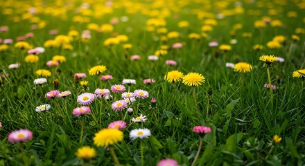 Fototapeta premium Spring Symphony: Meadow of White Daisies, Pink Blossoms & Golden Dandelions