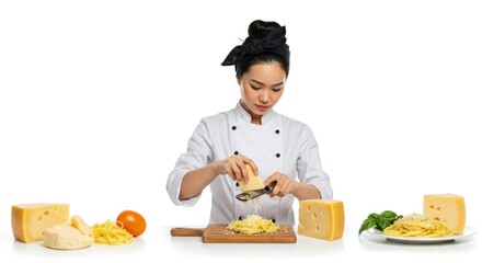 Woman in chef uniform grating cheese on a wooden board with cheese around.
