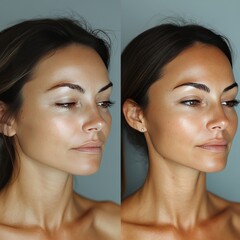 A before and after woman shows the results after one of her cosmetic procedures. Generative AI