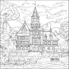 Naklejka premium Gothic style Town hall coloring book design, Gothic style Town hall vector image