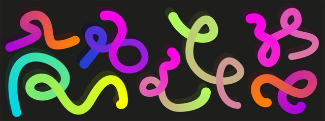 Abstract Color Rainbow Gradient Shapes on black backdrop. Vector Graphic background with bright Wavy Lines. Modern Colorful Wave Pattern. Squiggly Design Elements.