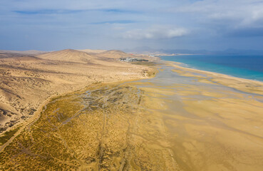 This is an aerial drone shot from Canary islands. Sotavento beach is on the coast of Fuerteventura island. October 2019