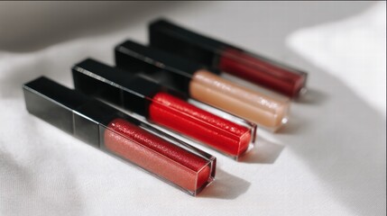 Fototapeta premium Beige nude tone lipstick make up isolated on a studio background,natural Liquid lipsticks,makeup cosmetic lips, product mockup for beauty fashion business,sale,swatch color,template.