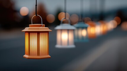 Hanging lanterns illuminate evening streets, creating warm, invi