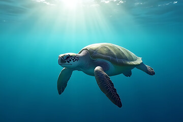 Fototapeta premium An underwater scene of a green sea turtle gliding through a coral reef, surrounded by vibrant marine life, soft lighting and soothing 