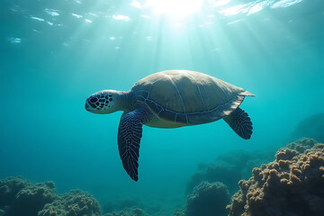 graceful sea turtle swimming peacefully in clear tropical water with rays of sunlight beaming through, surrounded by soft coral and gentle bubbles