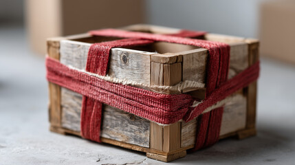 Securing the Package: A weathered wooden crate is meticulously secured with red straps, promising safe delivery.
