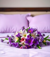 Purple floral arrangement adorns a neatly made bed, interior, floral