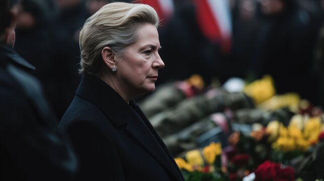 Woman at memorial, somber scene, crowd, flowers, public event